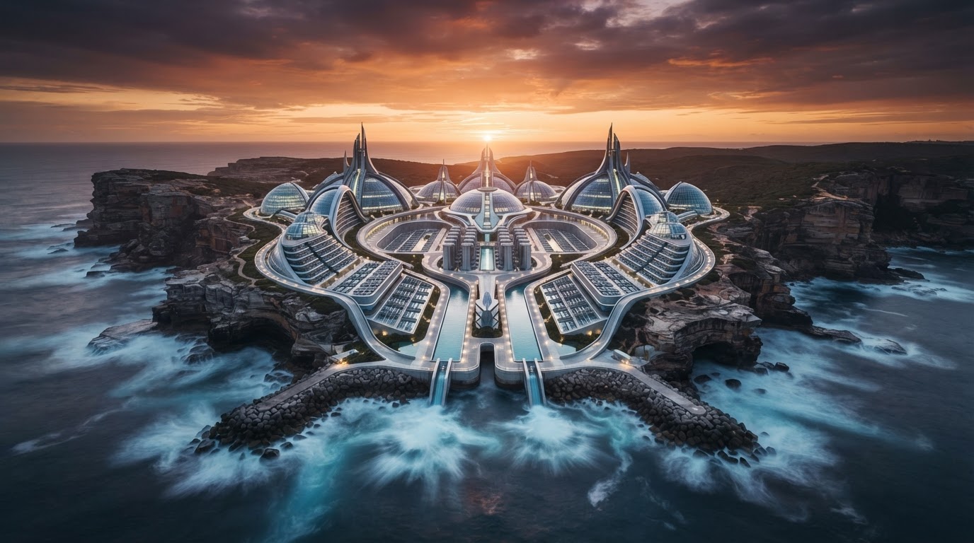 Futuristic water desalination plant integrated into a rugged coastline at dawn